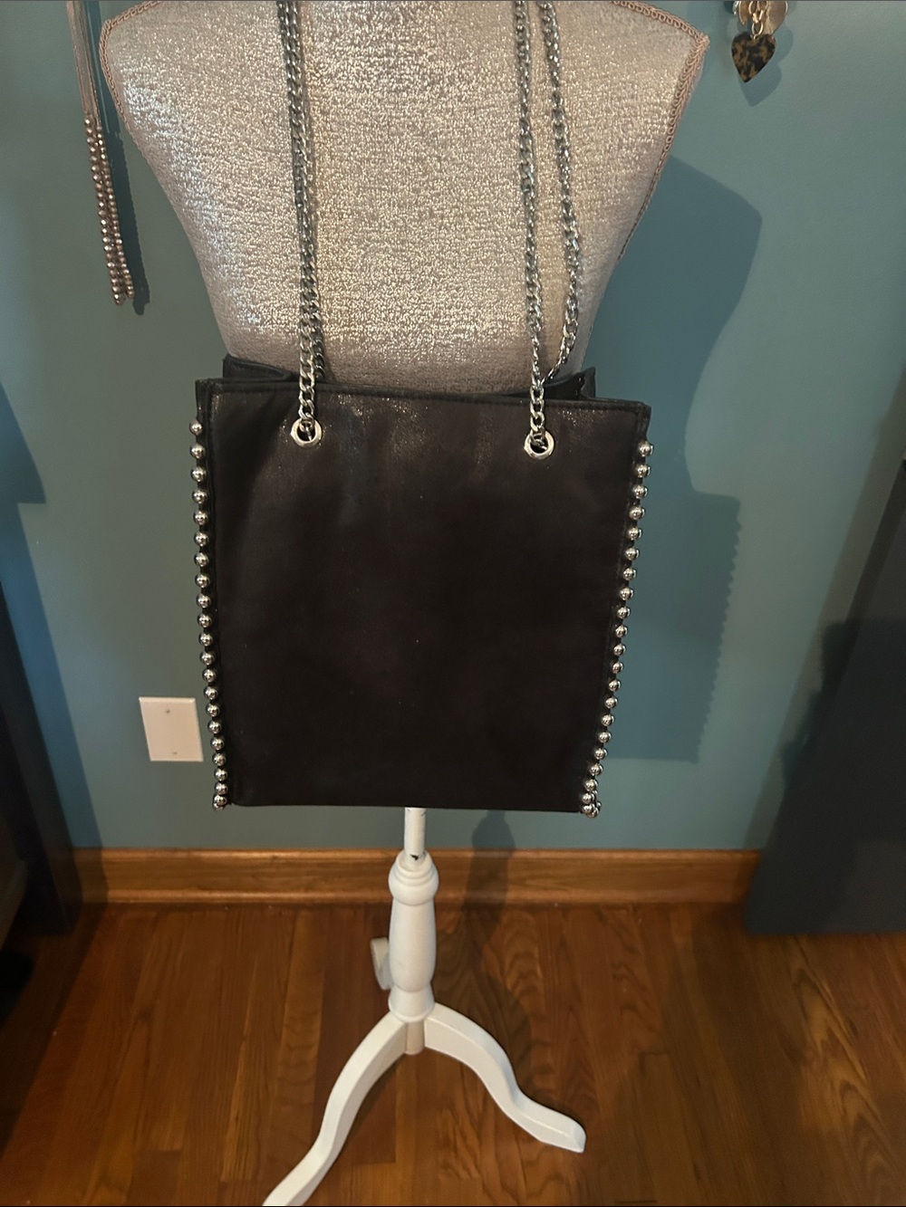 Black Stud-Trim Tote with Chain Straps